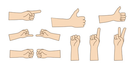 Hand gestures isolated vector images. Human hands show different signals, signs. flat illustration. Stickers for web, covers, print, icons, symbols, gesture concept.のイラスト素材