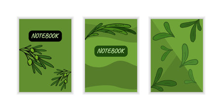 Cover notebook with olives. Templates drawing natural pattern. Leaves, olive branch, green color. Graphic Designe frame for cover, back, poster, card, flyer, banner, brochure, notepad, sketchbook.のイラスト素材