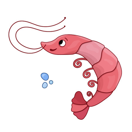 Cartoon vector illustration pink shrimp. ocean dweller. Nautical isolated shrimp, sea animals concept. Elements for icon, cover, print, book illustration, poster, card, web element, card for children.のイラスト素材