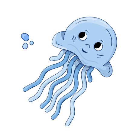 Jellyfish blue cartoon vector illustration with air bubble. Isolated ocean animal. marine theme. Elements for icon, cover, print, book illustration, poster, card, web element, card for children.のイラスト素材