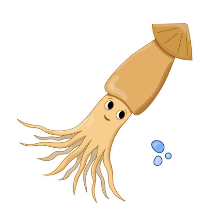 Squid cartoon vector illustration with air bubble. Isolated Calamary Ocean animal. marine theme. Elements for icon, cover, print, book illustration, poster, card, web element, card for children.のイラスト素材