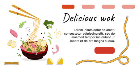 Asian food banner for website and social media. Web Noodles and Chopsticks. Red, pink and yellow colors. vector illustration. Design For website, figma, print, postcards, covers, posters.のイラスト素材