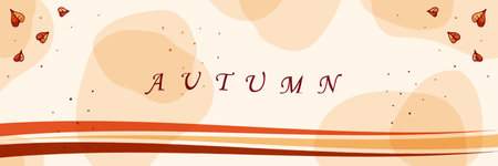 Vector autumn horizontal banner. Falling leaves, dots, line, transparent shapes autumn colors. Copy space for text. Design for website header, landing page, banner, poster, cover, social post.のイラスト素材