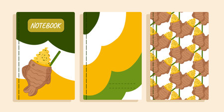 Set page cover notebook, poster, postcard, flyer. Chinese food Vector card with Asian food elements. Design planner, brochure, book. Green yellow cover template. Chinese sweet biscuits fish and creamのイラスト素材
