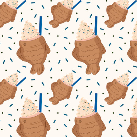 Seamless pattern biscuit fish with cream, sprinkles and straw. Vector illustration Taiyaki ice cream endless pattern. Design cover, card, postcards, banner, fabric pattern, wrapping paper, wallpaper.のイラスト素材