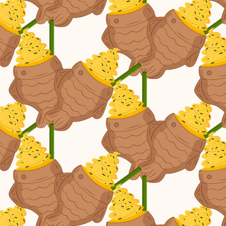 Seamless pattern biscuit fish with cream, sprinkles and straw. Vector illustration Taiyaki ice cream endless pattern. Design cover, card, postcards, banner, fabric pattern, wrapping paper, wallpaper.のイラスト素材