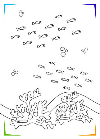 Black and white coral, reef Coloring page for kids. Marine underwater inhabitants vector illustration. Printable for kids. worksheet for children. Coloring book Black outlines sea life.のイラスト素材
