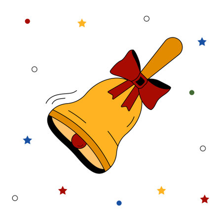 Gold retro school bell with red bow isolated on white. Modern Vector illustration with black outline. Traditional back to school Design element for banner, sticker, cover, postcard, icon, poster, web.のイラスト素材