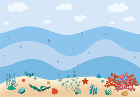 Vector Underwater world scene, ocean marine life. undersea landscape. Ocean bottom, water and sky. Design seascape, seafloor, undersea for background, poster, card, web element, cover, landing page.のイラスト素材