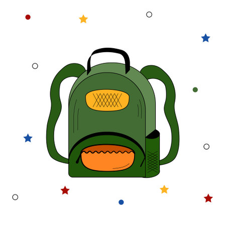 Vector School bag green color isolated on white. Modern school illustration with black outline. Traditional school Design element for card, banner, sticker, cover, postcard, icon, poster, web.のイラスト素材