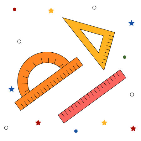 Vector school ruler, triangle, protractor isolated. Modern school illustration with black outline. Traditional school Design element for card, banner, sticker, cover, postcard, icon, poster, web.のイラスト素材