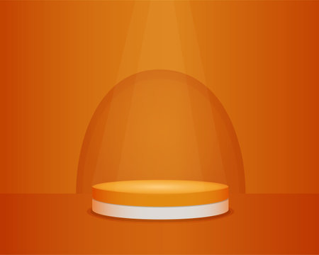 Orange realistic 3d cylinder pedestal podium. Arch in backdrop. Abstract vector geometric platform. Card for Product display presentation. Illustration Platform with lighting for product presentation.のイラスト素材