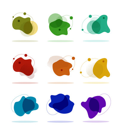 Set isolated Vector abstract dynamic blots for modern style designs. Geometric shapes purple, blue, red, orange, yellow, green, aquamarine fluid blob, liquid stain for backdrop, card, pattern, flyer.のイラスト素材