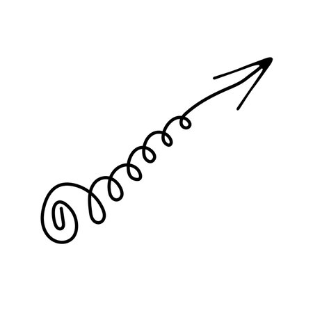 Vector black arrow doodle style isolated icon on white background. Curly, swirl pointer design element. navigation sign. Layout brush arrow.のイラスト素材