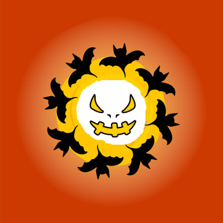 Vector scary ghost, moon, bats in circle. Halloween element doodle icon. Terrible facial expressions. Happy Halloween day spooky Art Illustration. Horror person. Elements for cards, cover, sticker.のイラスト素材