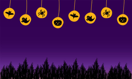 Vector Halloween background with ghost, pumpkin, spiders, bats, dry bushes. Purple, yellow, black. Happy Halloween day spooky Art template. Elements for web, cover, landing page. Horror person.のイラスト素材