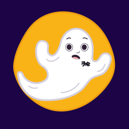 Isolated emotional surprise facial expression ghost with spider, moon. Vector illustration cartoon. Happy Halloween, mischief, paranormal phenomena. Character for cards flyers, banners, greeting etc.のイラスト素材