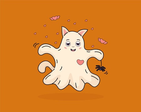 Cute cat ghost with spider and hearts vector illustration. Cover, postcard in cartoon style. Design for cards, covers, flyers, holiday invitations, greeting cards. Concept for Halloween, party.のイラスト素材
