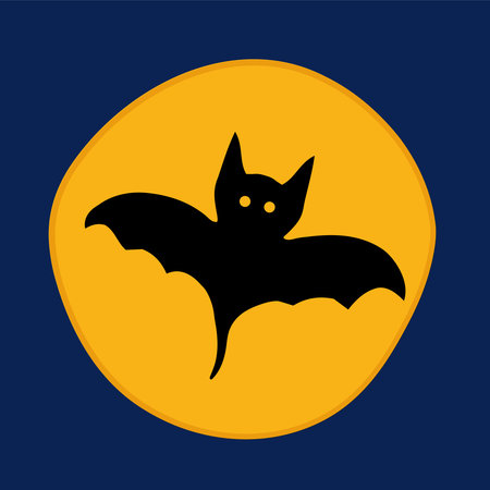 Halloween Icon bat with terrible grimace. Vector Black silhouettes icon in yellow circle moon.のイラスト素材