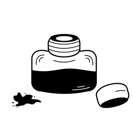 Isolated doodle Inkwell with ink and ink stain black and white. Outline vector Icon.のイラスト素材