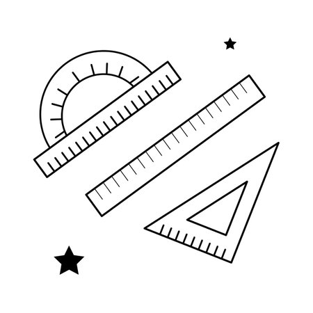 Isolated doodle ruler, triangle, protractor black and white. Outline vector Icon school supplies. Simple elements for icon, cover, print, poster, card, web element, card for children.のイラスト素材