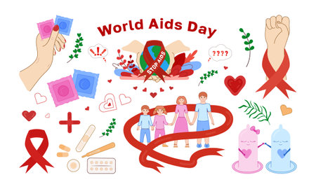 Awareness World AIDS and HIV day set vector elements. Red ribbon, contraception, hearts, medicines,...