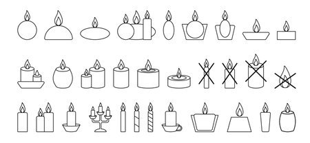 Vector set of candles icons. Black stroke line. Candles stroke symbols rectangular, round, trapezoid. Crossed out. Elements design for spa, relaxation, awareness. For card, cover, flyers, posters.のイラスト素材