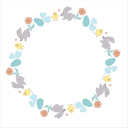 Easter wreath. Rabbit, flowers, chicken, eggs. Doodle vector illustration. Happy Easter.のイラスト素材