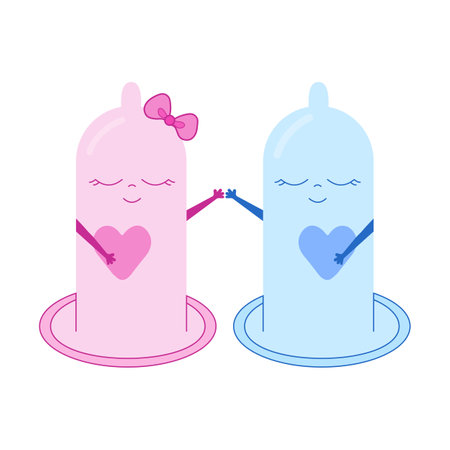 Two condom characters with heart in their hands Vector. Theme of health, care, safety, contraceptive. Design for banner, poster, cover, social media post, flyers, greeting card.のイラスト素材