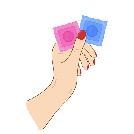 Two condom package in hand Vector. Theme of health, care, safety, contraceptive. Design for banner, poster, cover, social media post, flyers, greeting card.のイラスト素材