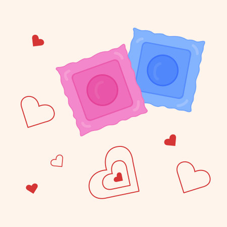 Two condom package with heart Vector. Theme of health, care, safety, contraceptive. Design for banner, poster, cover, social media post, flyers, greeting card.のイラスト素材