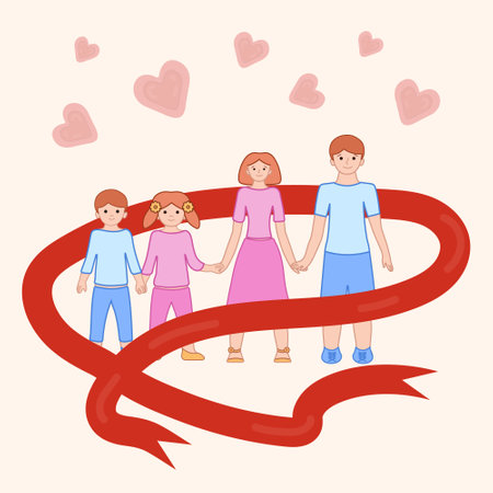 World AIDS Awareness Day vector card. family, red ribbon and globe in flat style. Template card. Illustration themes AIDS and HIV web element, border.のイラスト素材