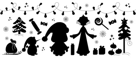 Set New Year, Christmas black silhouette vector elements. Santa Claus, Snow Maiden, Snowmanのイラスト素材
