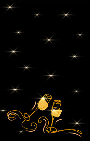 New year card with glasses of champagne, glitter. Vector festive new years eve flyer in line art. Black and gold background for Web, pattern, cover, text frame, banner, postcard, post, copy space.のイラスト素材
