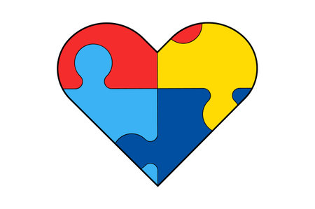 Puzzle heart isolated vector illustration. World Autism Awareness Day concept. Blu, red, yellow. Design element for card, border, banners, posters, printed products, cards, flyers, patterns, covers.のイラスト素材