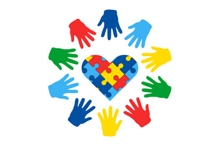 World Autism Awareness Day vector. Puzzle heart and children colored hands around, hand prints palms. Design element for card, border, banners, posters, printed products, cards, flyers, patterns, covers.のイラスト素材