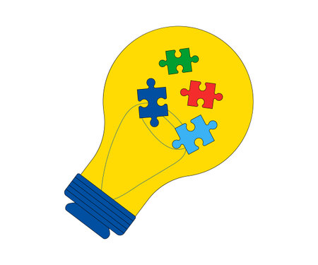 Yellow light bulb with puzzles inside. Vector illustration for World Autism Awareness Day concept. Design element for card, border, banners, posters, printed products, cards, flyers, patterns, covers.のイラスト素材