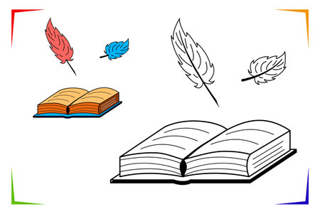 Book and pen for writing Coloring Page. Feather Vector Educational worksheet. Paint game.のイラスト素材