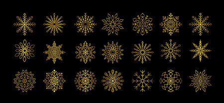 Golden snowflakes premium class vector set for winter design element. Gilded silhouette snowflakes isolated on black background. Freeze symbol icon collection. Snow Ice crystal shape graphic.のイラスト素材