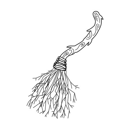 Magical broom with leaves, twigs, branch, wooden handle. Black line Doodle Isolated Vector illustration theme magic, Halloween, esoteric.のイラスト素材