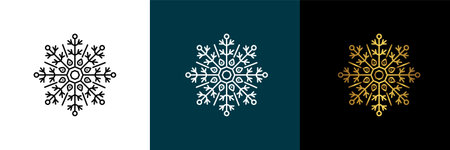 Symmetrical circular graphic for logotype, snowflake. Vector circular pattern. Color black, white, gold. Isolated design element for themes abstract geometrical modern decoration round logo template.のイラスト素材