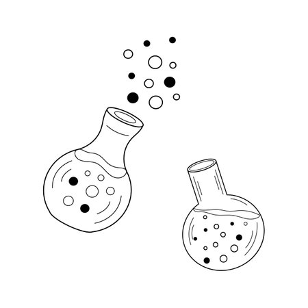 Magic Bottle, Glass flask bubbles inside and outside. Vector illustration Alchemical elixirs, potions, liquids different. Thema magic, medicine, alternative therapy.のイラスト素材
