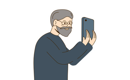 Elderly man using smartphone with happy expression on white background. Vector illustration.のイラスト素材