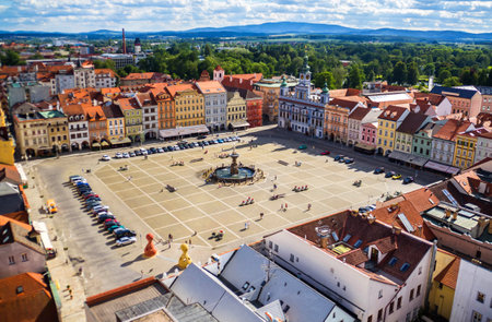 View of central town square in Ceske Budejovice, Czech republic. June 17, 2017