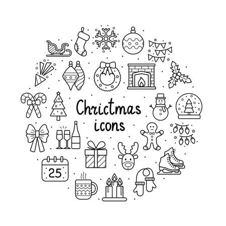 Set of christmas icons on white background, vector illustrationのイラスト素材