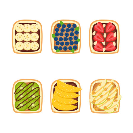 Set of toasts with berries and fruits for breakfast on white background, vector illustrationのイラスト素材
