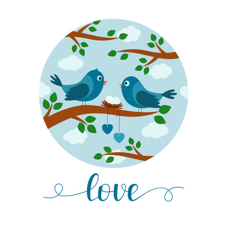 Card with couple of birds on branch, lettering love, vector illustrationのイラスト素材