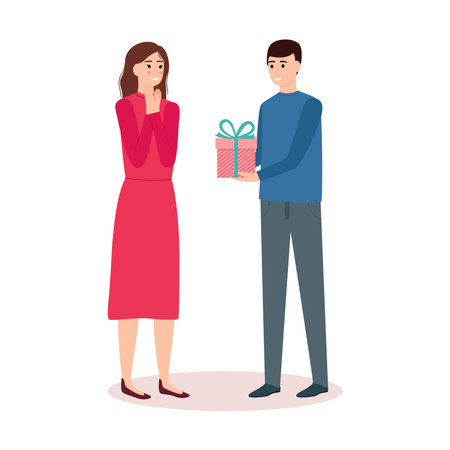 Man giving gift to woman, birthday present, valentines day surprise, vector illustrationのイラスト素材