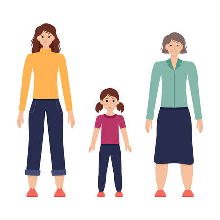Illustration of three ages of women from child to senior, vector illustrationのイラスト素材
