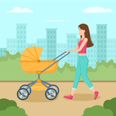 Young mother walking with baby carriage in park. Woman with stroller, vector illustrationのイラスト素材